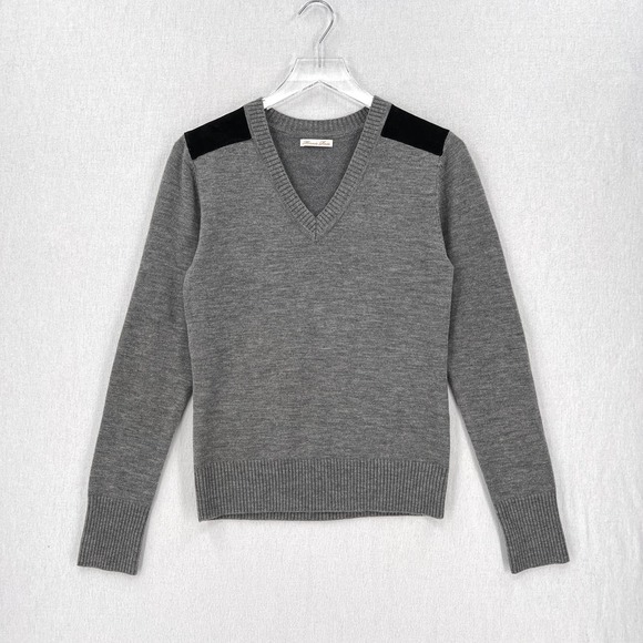 MINNIE ROSE Sweater Women S Gray Merino V-neck Long Sleeve Leather Elbow Patch - Picture 1 of 12